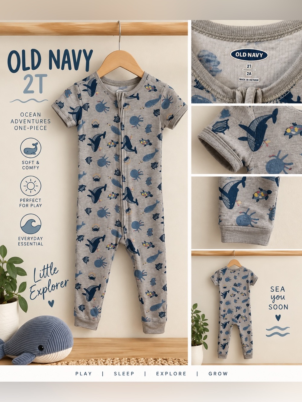 Old Navy Toddler 2T Grey Whale & Ocean Print Short Sleeve One-Piece